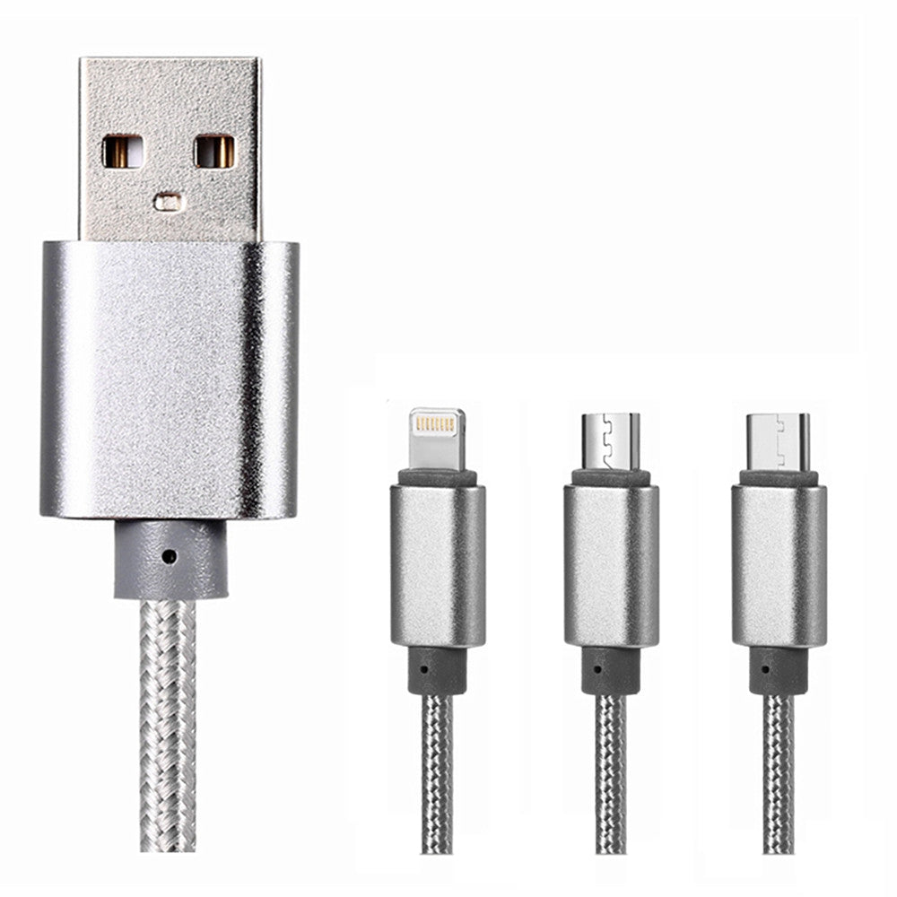 3 in 1 Micro USB + Type-C + 8 Pin Aluminum Alloy Connector Charging Cord 1.2m