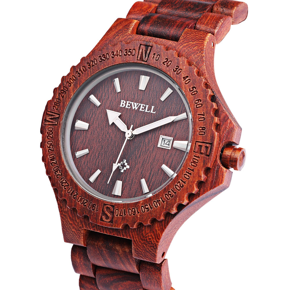 BEWELL ZS - W023A Male Wooden Date Quartz Wrist Watch with Gear Shape Bezel