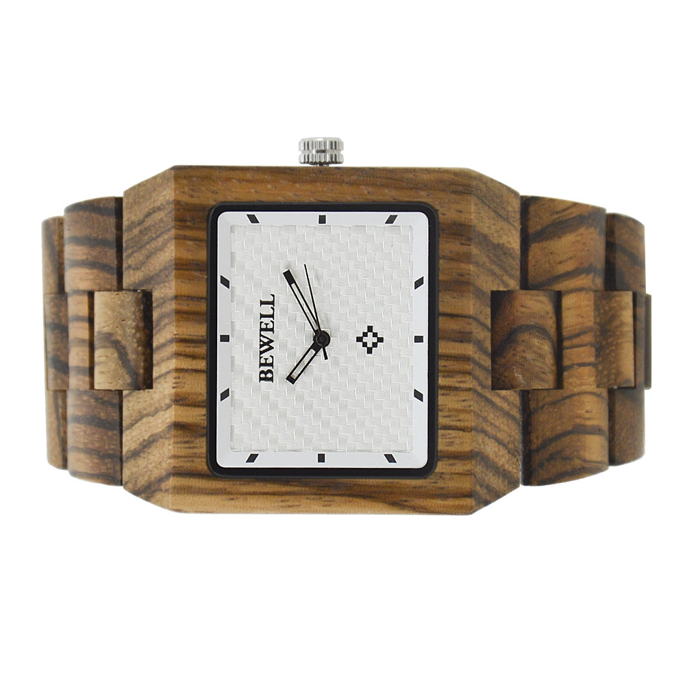 Bewell ZS - W016A Men Quartz Watch Wooden Case Rectangle Dial Hollow-out Pointer Wristwatch