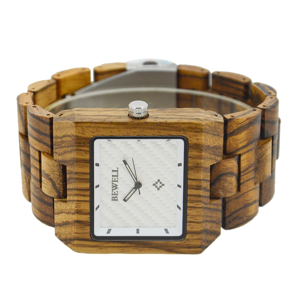 Bewell ZS - W016A Men Quartz Watch Wooden Case Rectangle Dial Hollow-out Pointer Wristwatch