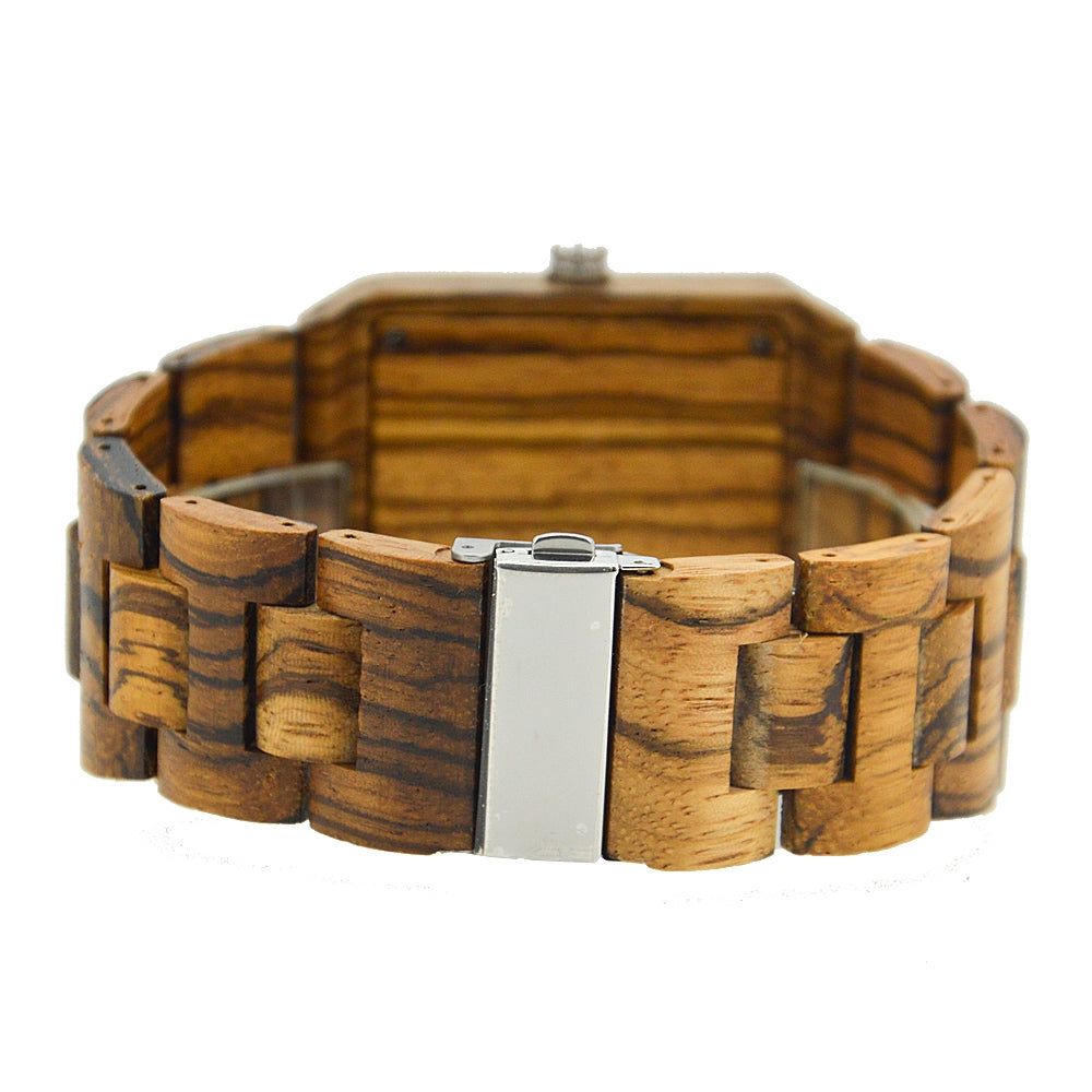 Bewell ZS - W016A Men Quartz Watch Wooden Case Rectangle Dial Hollow-out Pointer Wristwatch