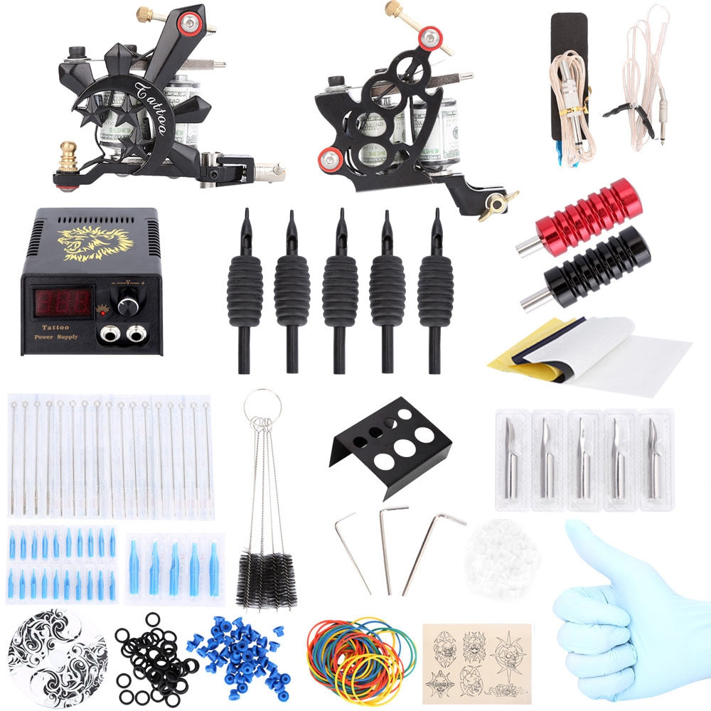 Complete Tattoo Kit Power Supply Tips 2 Machine Guns Shader Liner