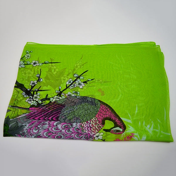 Chinoiserie Peacock Blooming Flowers Printed Chiffon Scarf