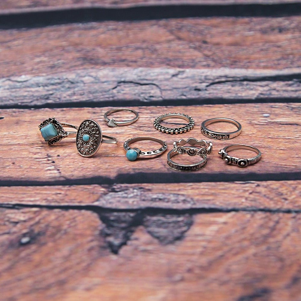 8pcs Stylish Old Classical Bohemia Gemstone Ring for Women