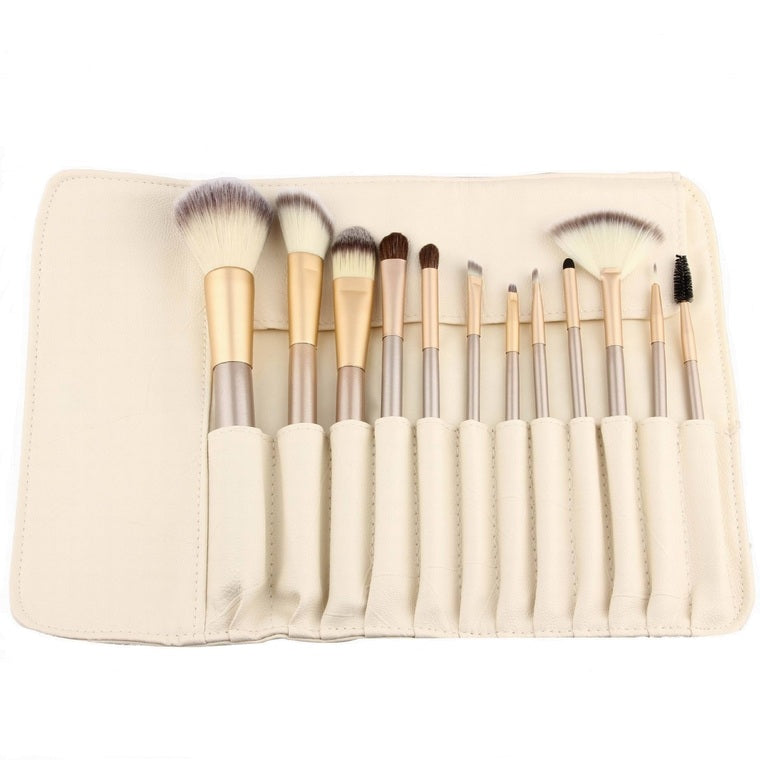 12PCS Fanned Foundation Makeup Tool Loose Powder Contour Blush Brush with Storage Bag