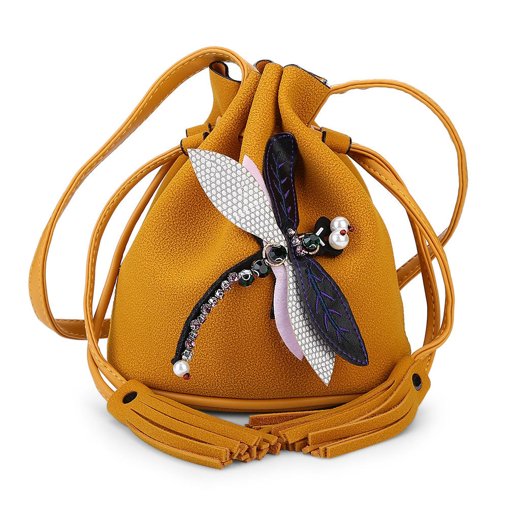Dragonfly Embellished Drawstring Bucket Bag
