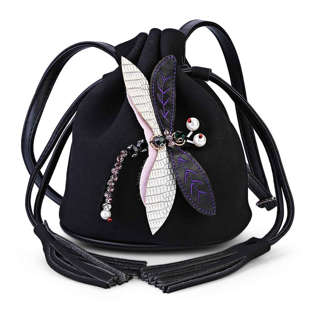 Dragonfly Embellished Drawstring Bucket Bag