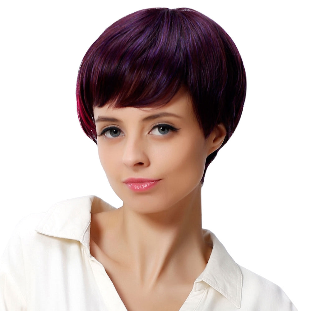 AISIHAIR Women Short Side Bangs Mixed Colors Wine Red Wigs Heat-resistant Synthetic