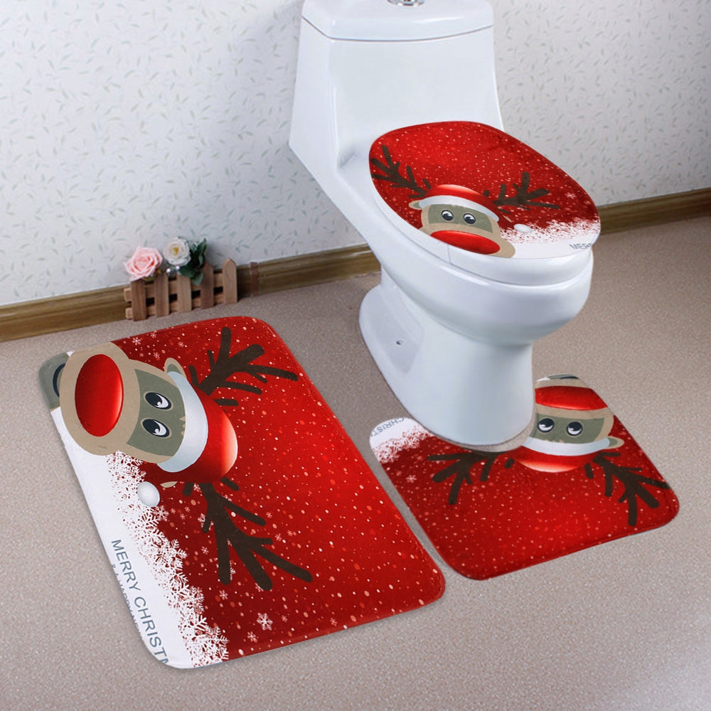 Christmas Deer Pattern 3 Pcs Toilet Mat Bath Mat