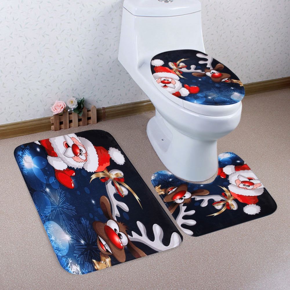 Christmas Santa Deer Pattern 3 Pcs Toilet Mat Bath Mat