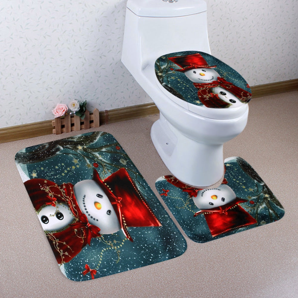 Christmas Cloak Snowman Pattern 3 Pcs Toilet Mat Bath Mat