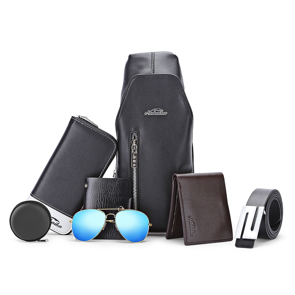 7pcs Men Chest Bag Wallet Card Holder Leather Belt Sunglasses