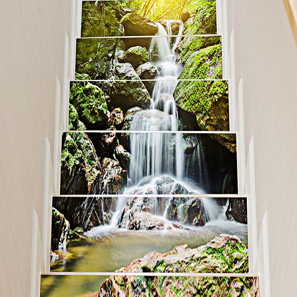 3D Waterfall Stone Stair Stickers Home Decor 7.1 x 39.4 inch 13pcs