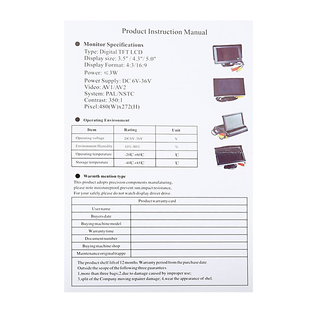 430 4.3 inch TFT Screen High Definition Car Rear View Monitor with Video Cable