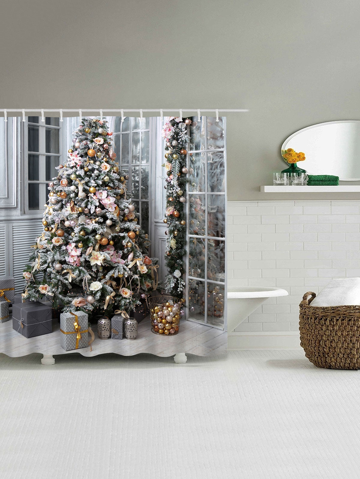 Christmas Tree Gift Print Waterproof Bath Curtain