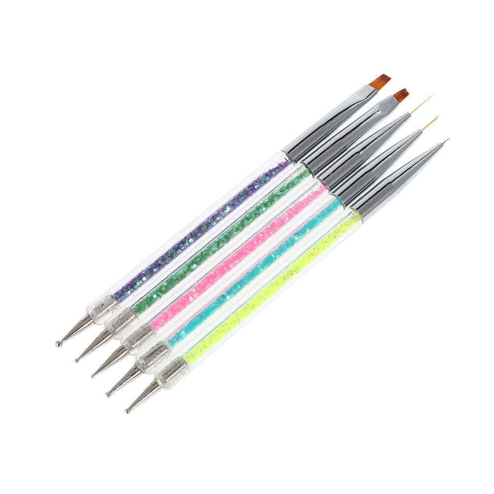 5pcs Dual Use Double Head Nail Painting Brush Pen with Sequins Decoration