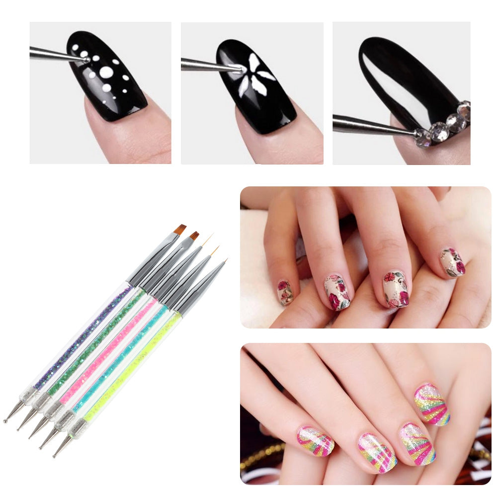5pcs Dual Use Double Head Nail Painting Brush Pen with Sequins Decoration