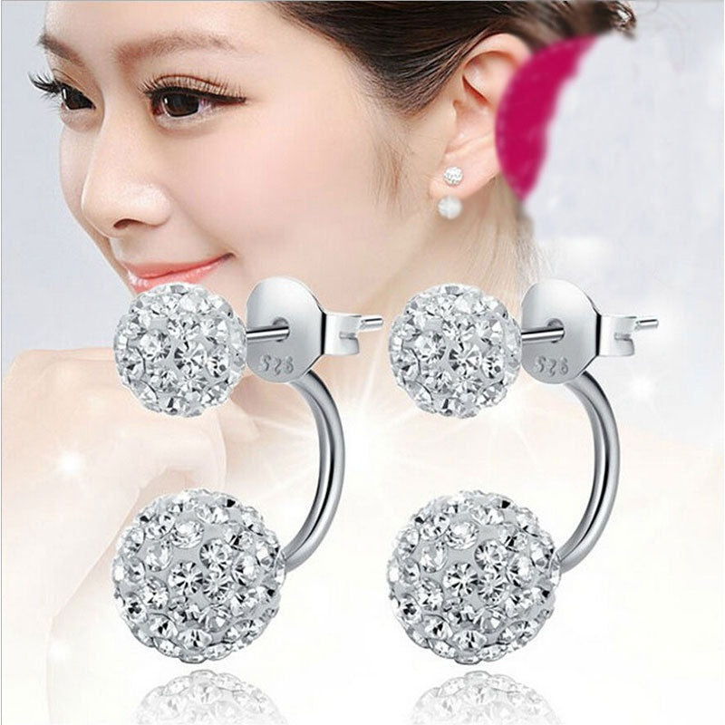 925 Sterling Silver Double Beads Crystal Stud Earring Women Jewelry