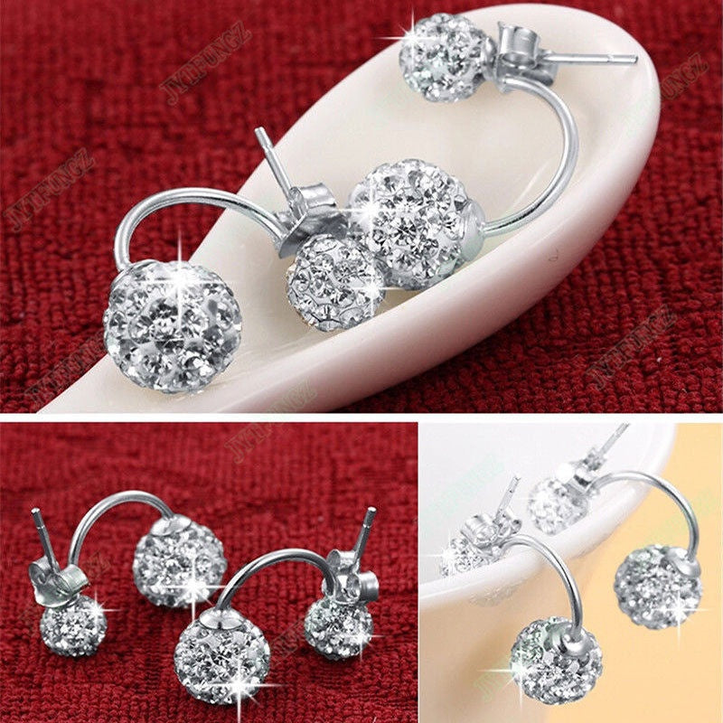 925 Sterling Silver Double Beads Crystal Stud Earring Women Jewelry