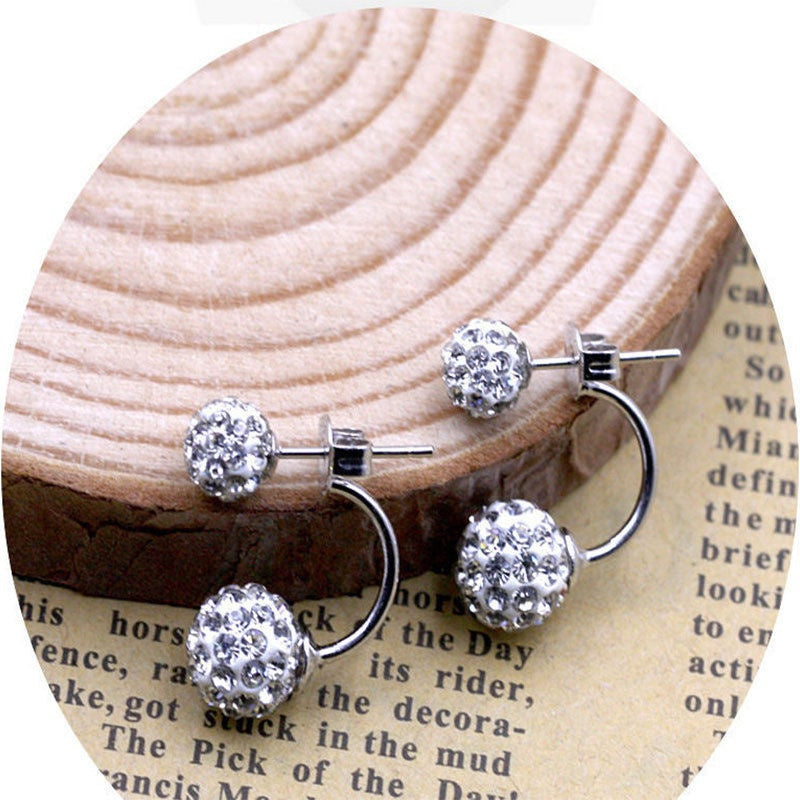 925 Sterling Silver Double Beads Crystal Stud Earring Women Jewelry