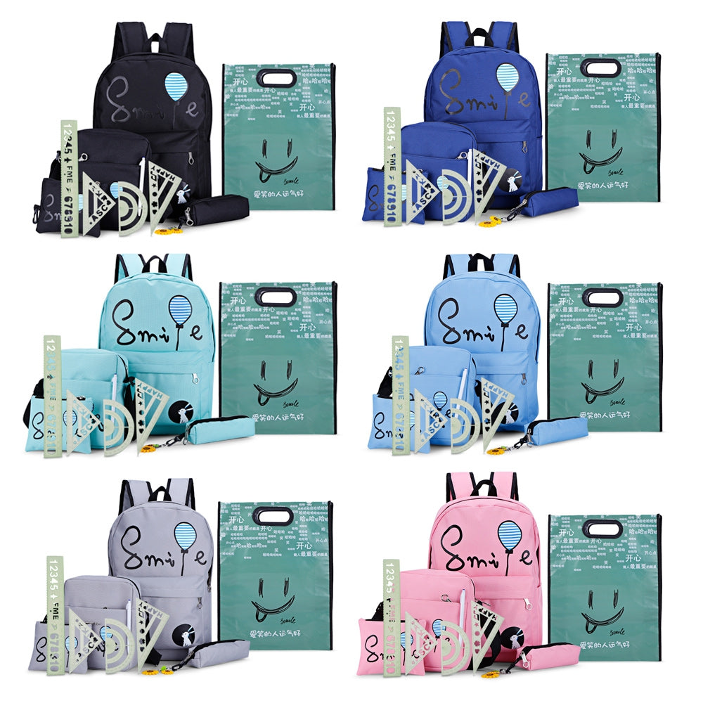 7pcs Cartoon Letter Printing Backpack Women Canvas School Bag for Teenagers