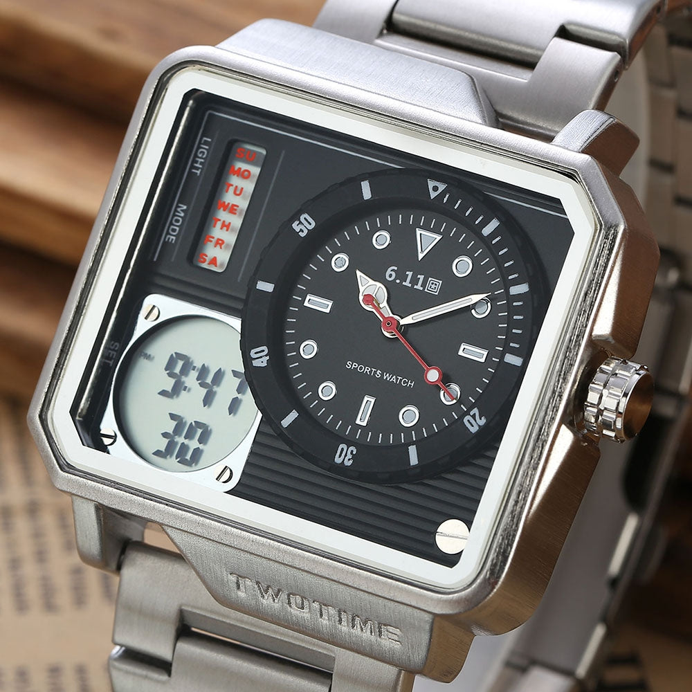 6.11 8171 Male Dual Movt Watch Stainless Steel LED Calendar