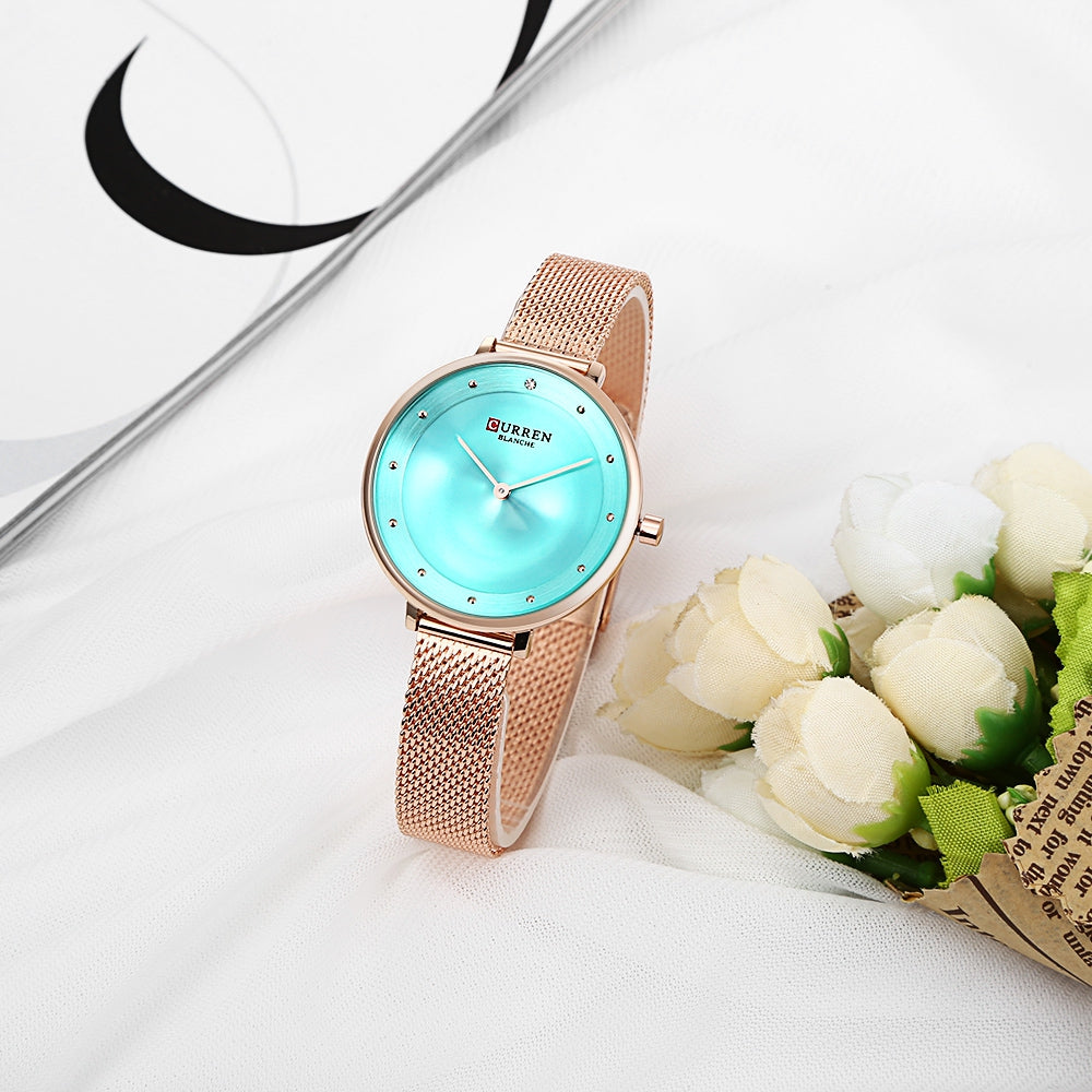 CURREN 9029 Female Quartz Watch Gem Dial Ultra-thin Knit Strap