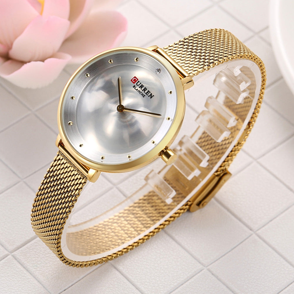 CURREN 9029 Female Quartz Watch Gem Dial Ultra-thin Knit Strap