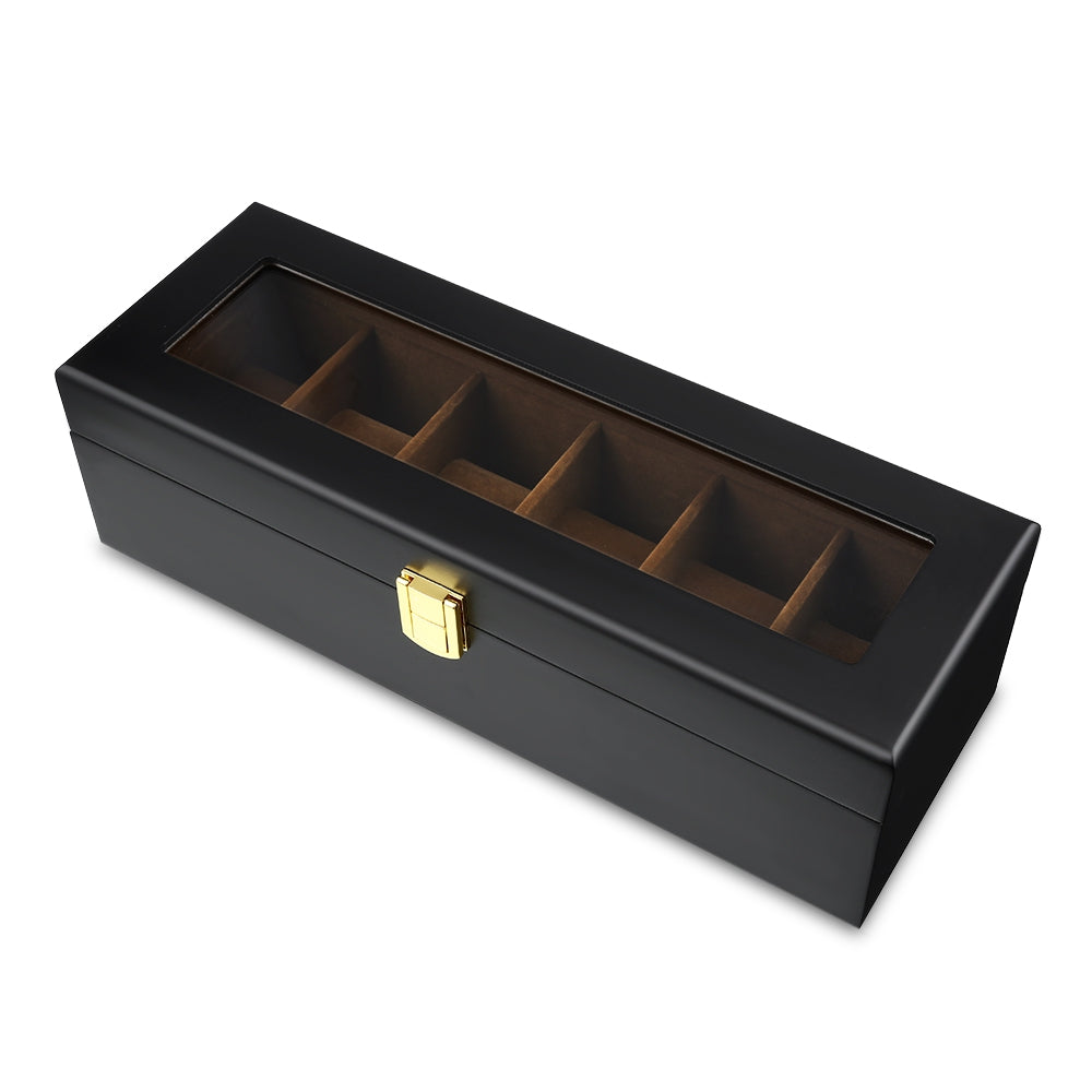 6 Slots Watch Organizer Display Case Wood Luxury Glass Top