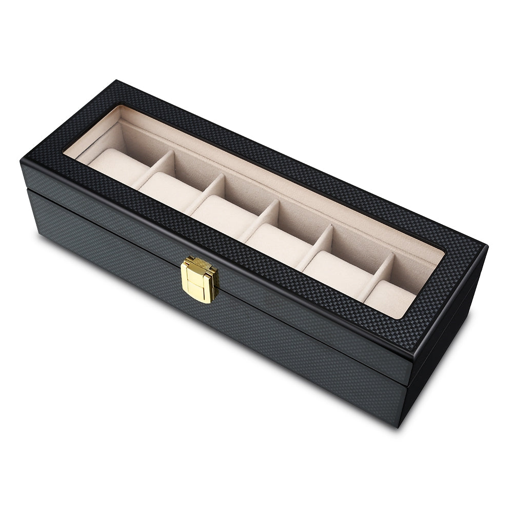 6 Slots Watch Organizer Display Case Wood Luxury Glass Top