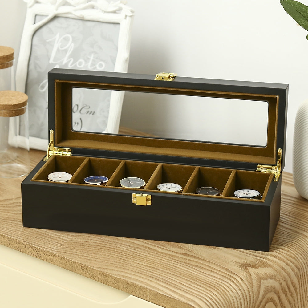 6 Slots Watch Organizer Display Case Wood Luxury Glass Top