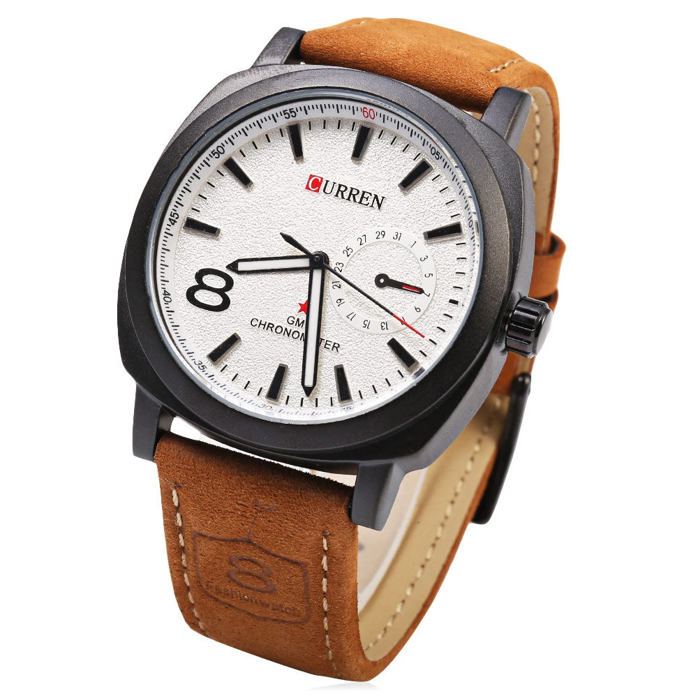 CURREN 8139 Unisex Quartz Watch 1 Arabic Number and Trapezoids Indicate Leather Band Wristwatch