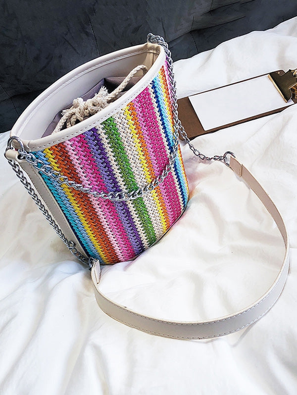 Color Block Stitches Bucket Shaped Shoulder Bag