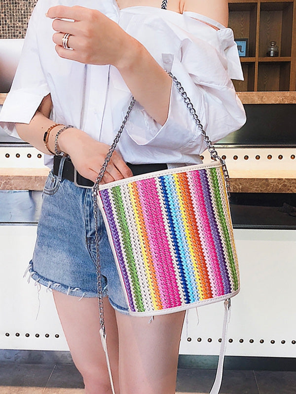 Color Block Stitches Bucket Shaped Shoulder Bag