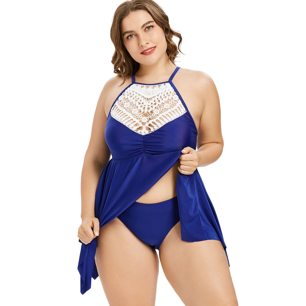 Crochet Lace Front Plus Size Empire Waist Tankini