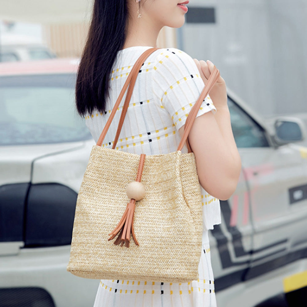 Bucket Shoulder Straw Weave Tassel Crossbody Women Tote Bag