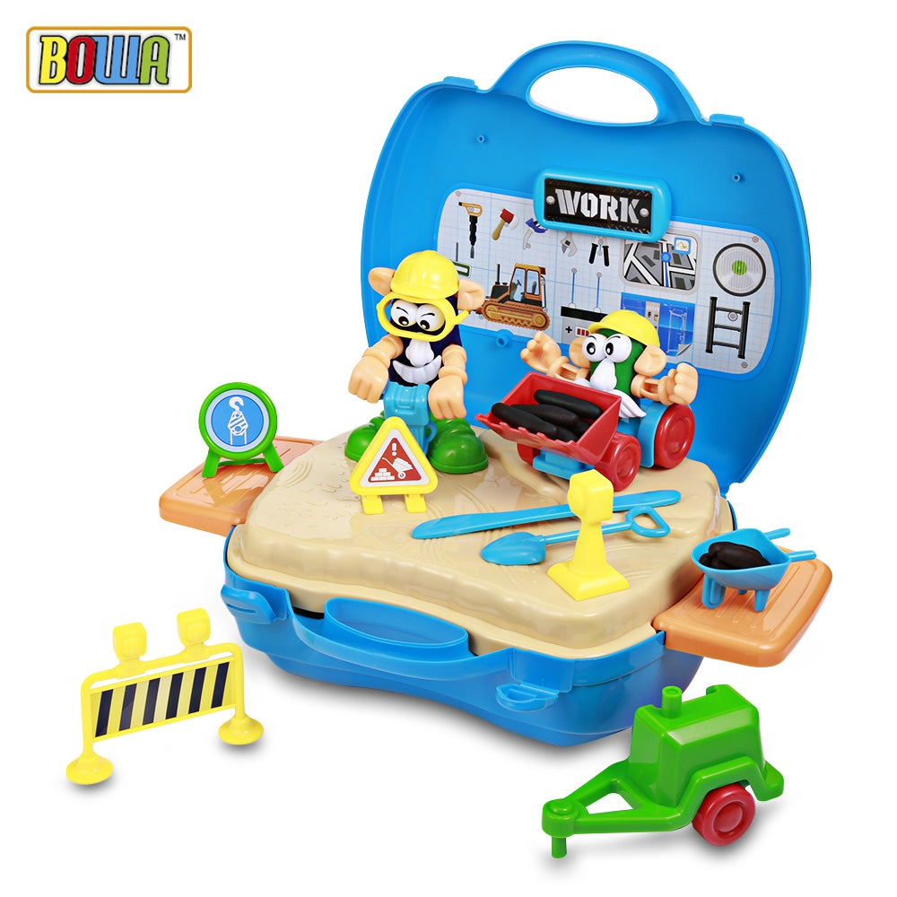 BOWA 7747 39PCS Roadworks Simulation Playset Suitcase Toy with Dough