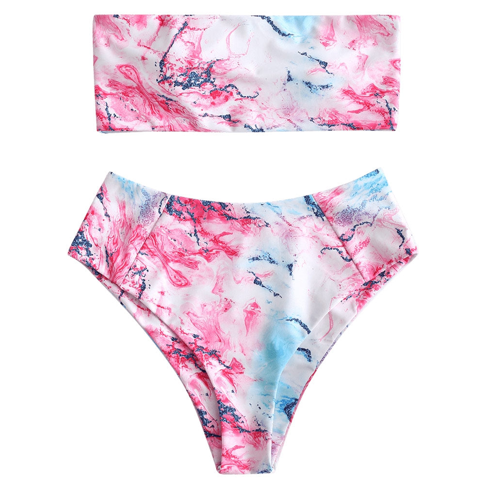 Bandeau Colorful Marble High Waisted Bikini