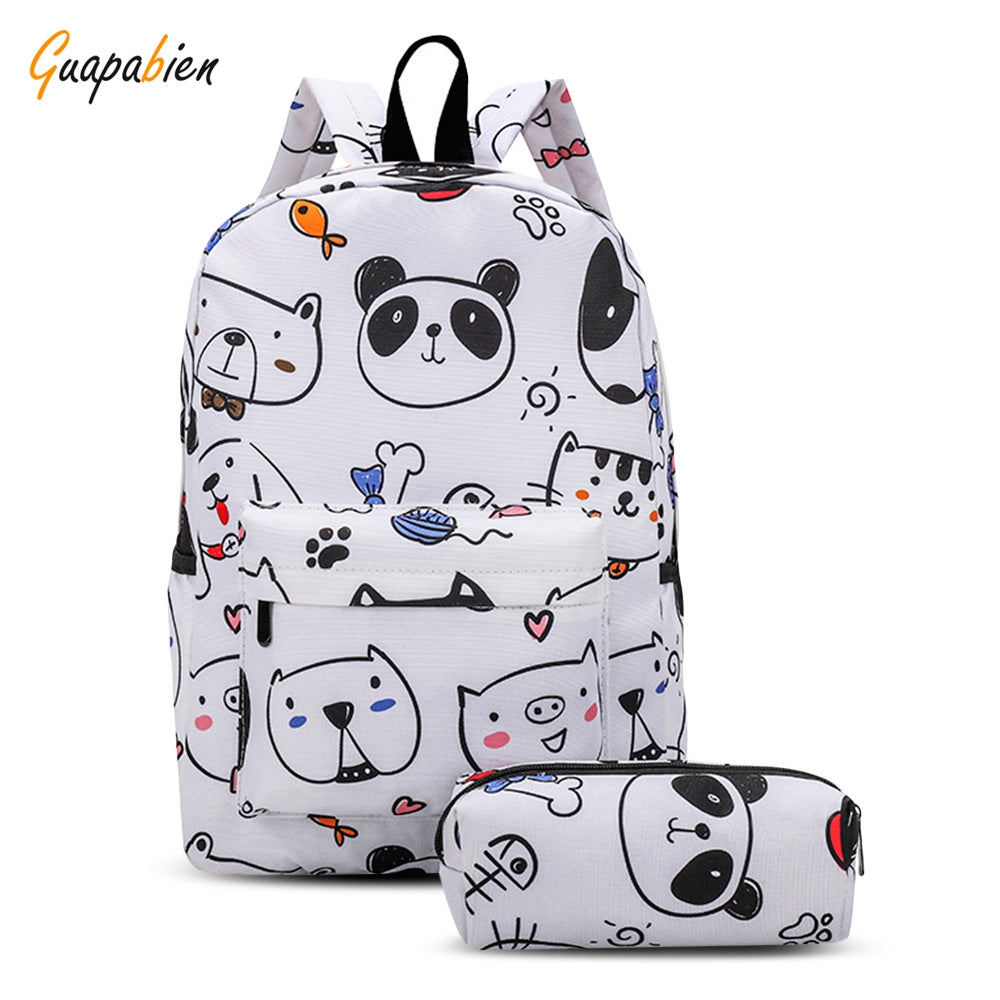2pcs Guapabien Canvas Printing Women Girls Backpack Small Coin Pouch