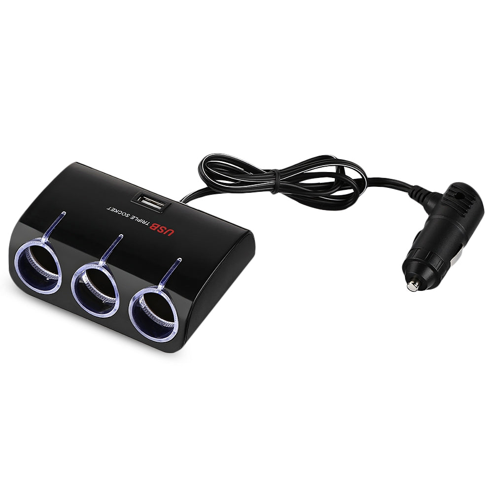 70W Car Multifunctional 3 Sockets Cigarette Lighter with USB Charging Port