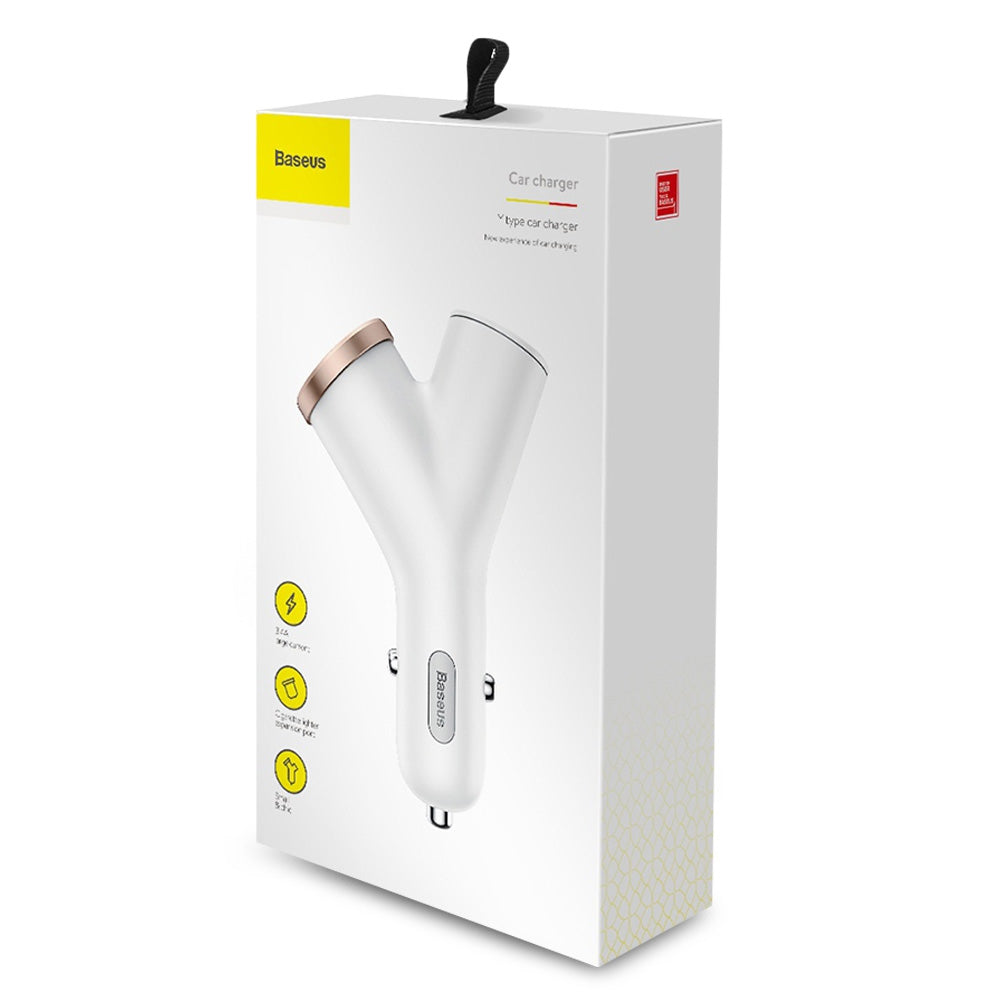 Baseus Y-shape Dual USB Car Charger with Cigarette Extended Port