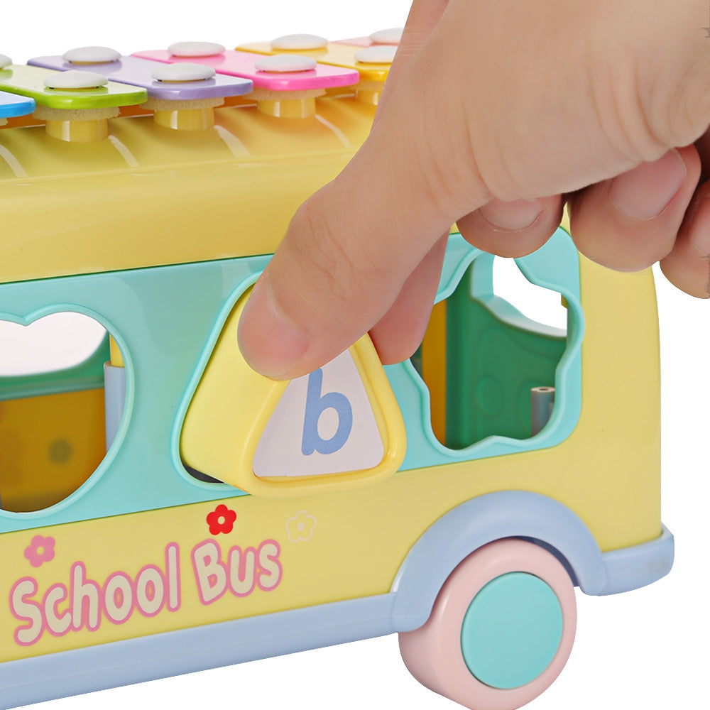 1022 - 9 Baby School Bus Toy Music Car with Percussion Piano Matching Blocks