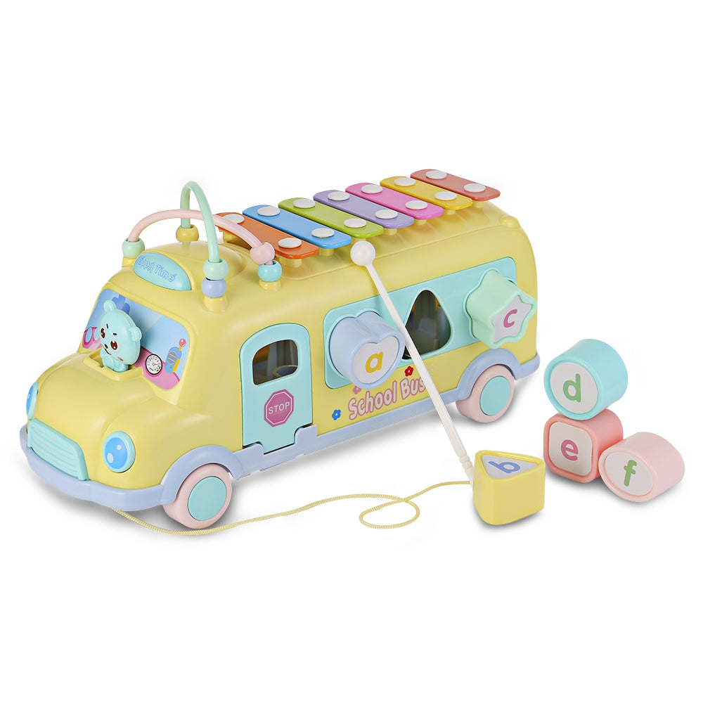 1022 - 9 Baby School Bus Toy Music Car with Percussion Piano Matching Blocks