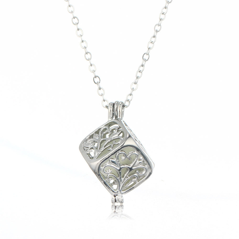 Charm Silver Cube Light Necklace Women Glowing Pendant Jewelry