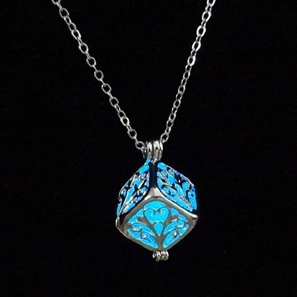 Charm Silver Cube Light Necklace Women Glowing Pendant Jewelry