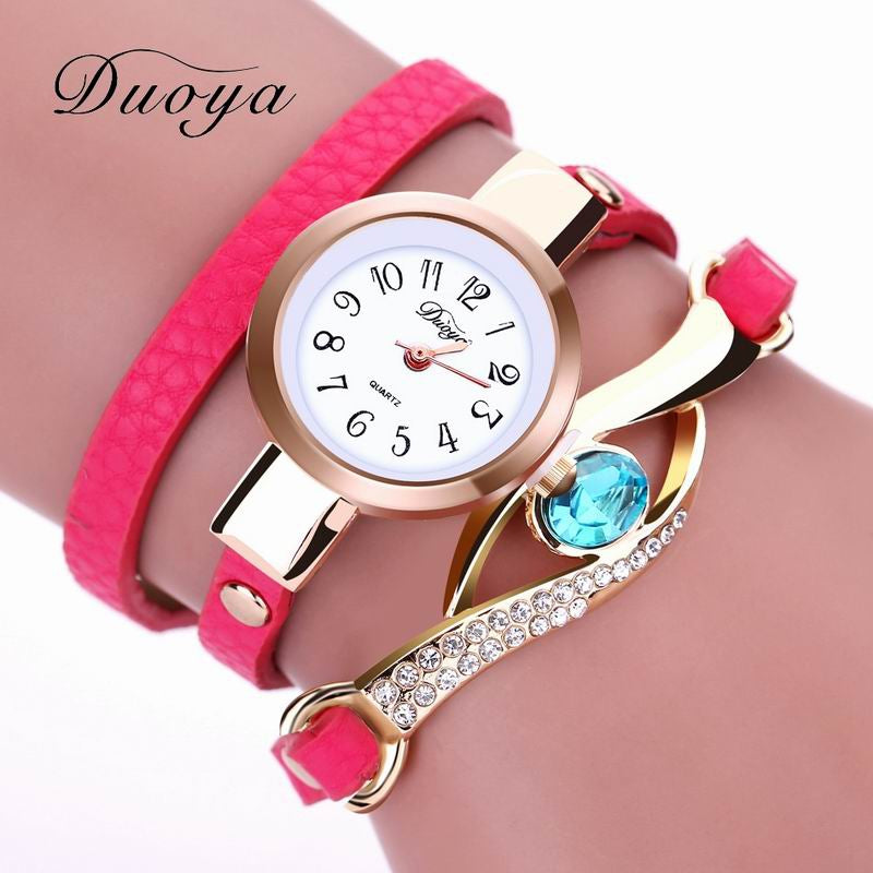 DUOYA D041 Women Wrap Around Leather Quartz Wrist Watch with Diamonds