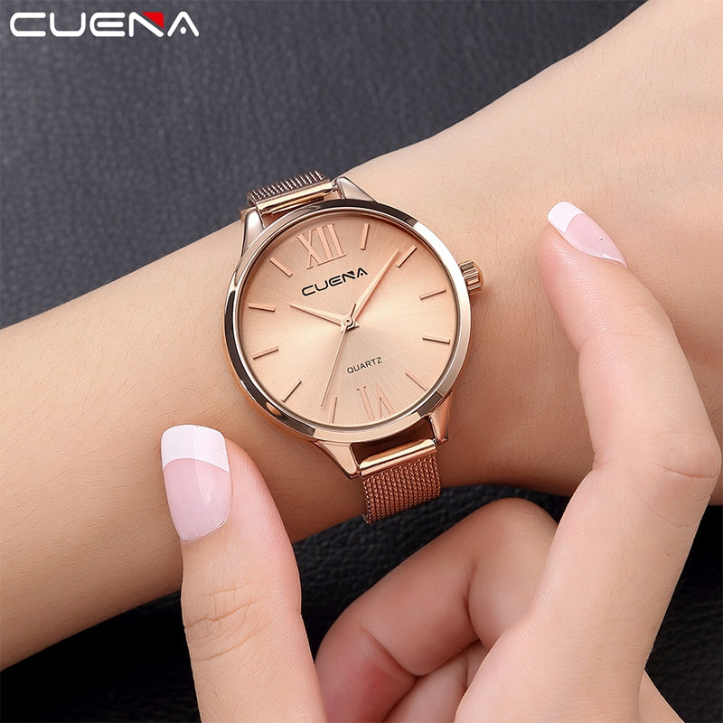 CUENA 6641G Women Luxury Quartz Analog Watch Stainless Steel Band Waterproof Wristwatch