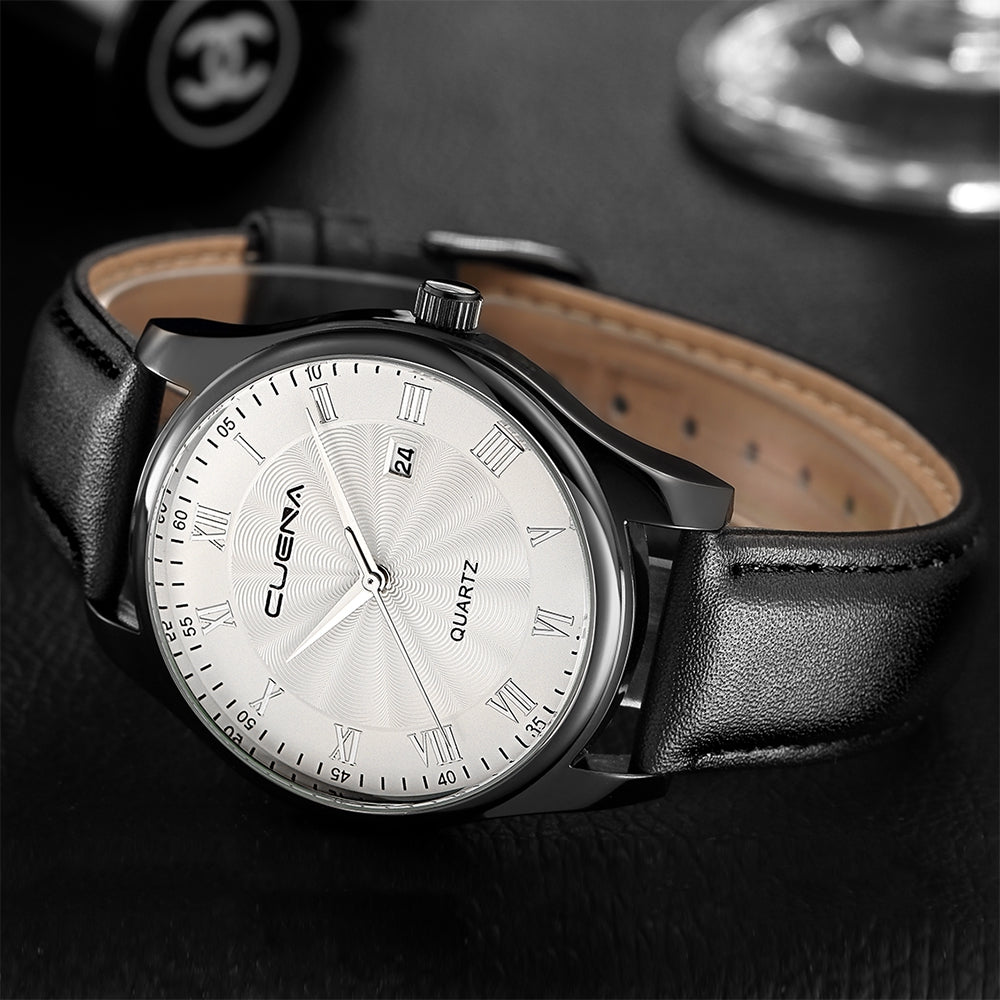 CUENA 6613P Men Genuine Leather Strap Fashion Casual Quartz Wristwatch