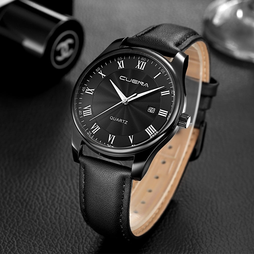 CUENA 6613P Men Genuine Leather Strap Fashion Casual Quartz Wristwatch