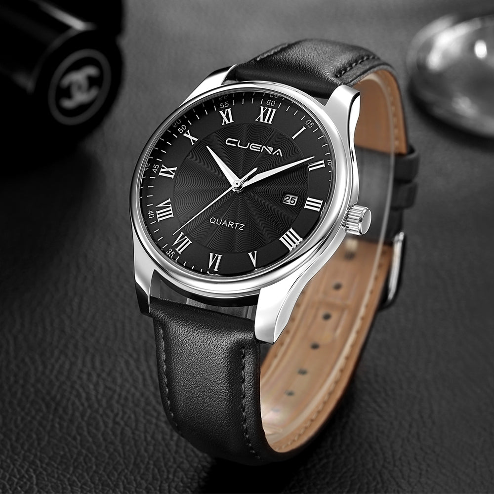 CUENA 6613P Men Genuine Leather Strap Fashion Casual Quartz Wristwatch